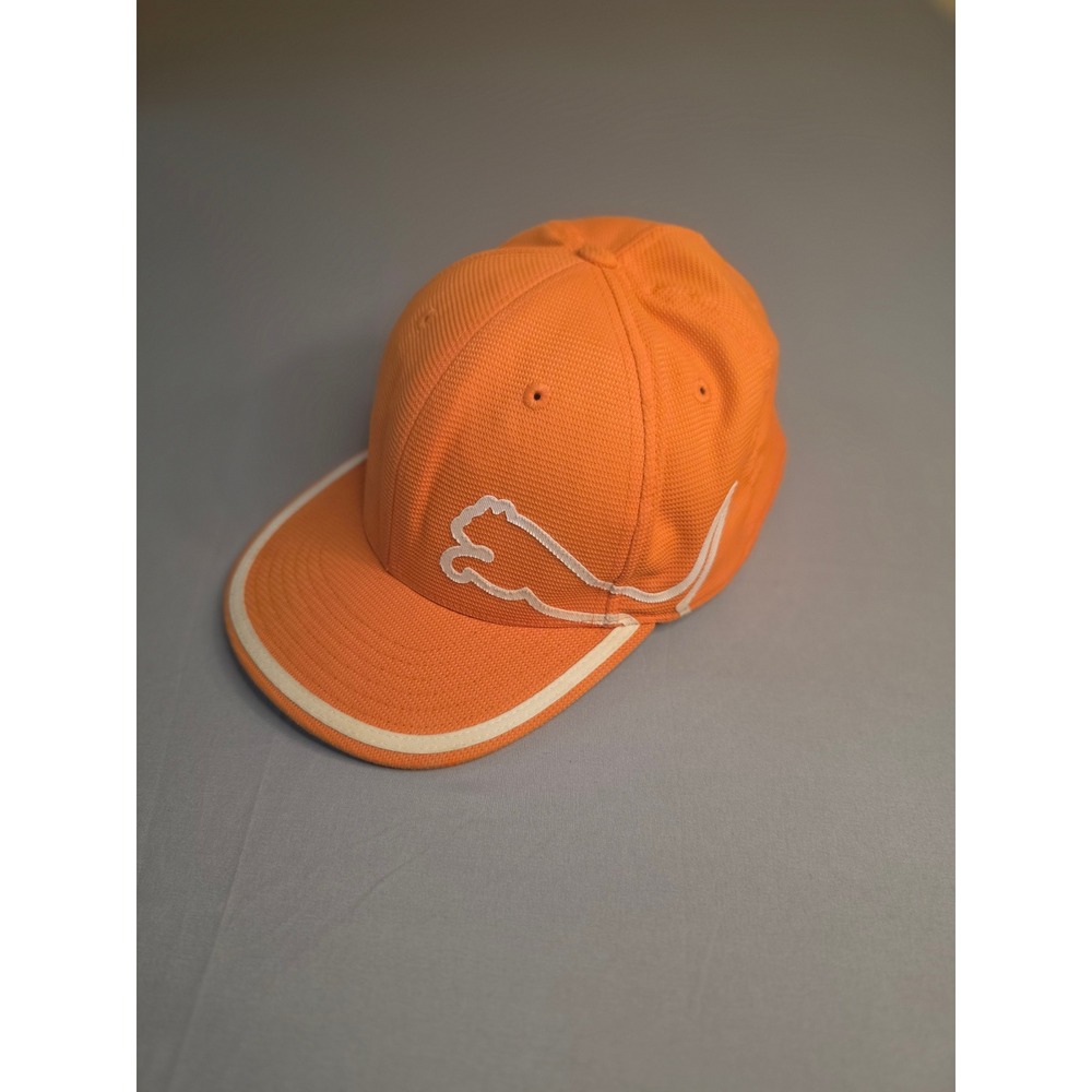 Puma 210 Fitted Golf Hat Orange White Leaping Cat Logo Cap L/XL 7 1/4 - 7 5/8